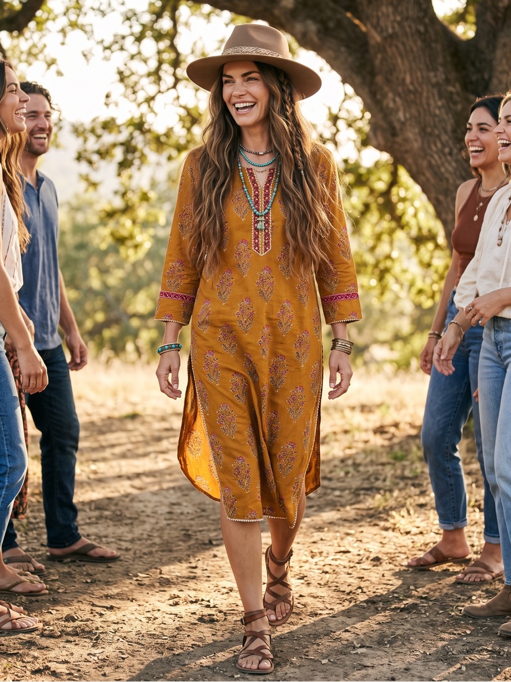 Boho Mustard Kurta Tunic Dress with Printed Detail